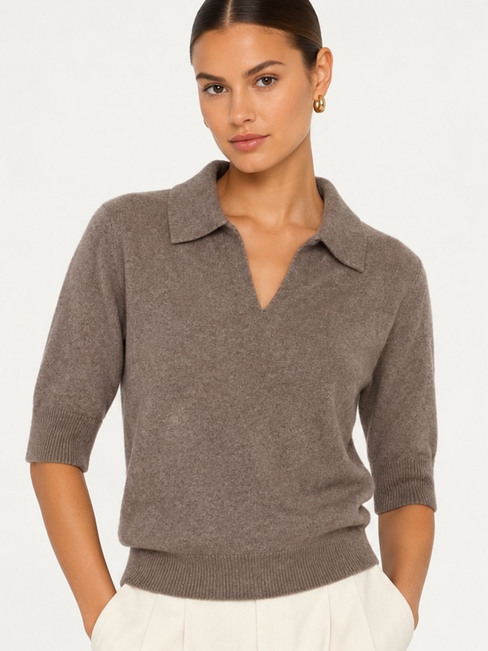 Knit Polo Sweater Taupe Brown Elbow Sleeve Quiet Luxury